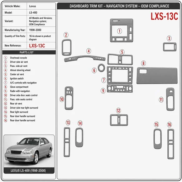 Lexus LS-400 1998-2000 Navigation system, compatibilidad OEM kit de molduras interiores para salpicadero