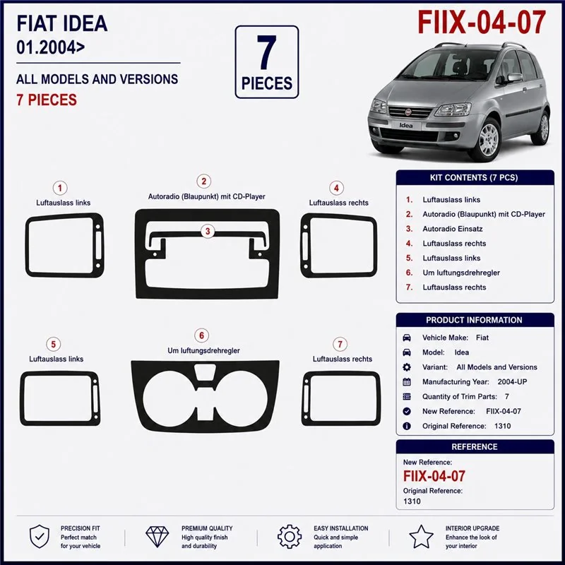 Fiat Idea 2004+ 3D dashboard trim kit, 7 parts