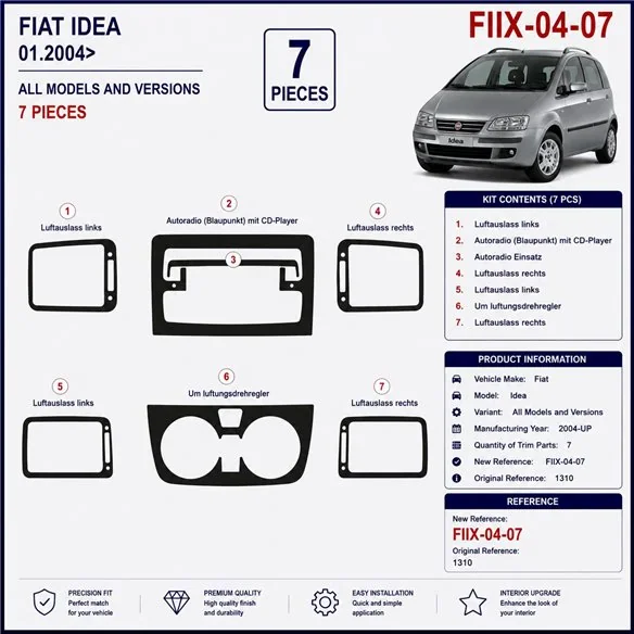 Fiat Idea 2004+ 3D dashboard trim kit, 7 parts