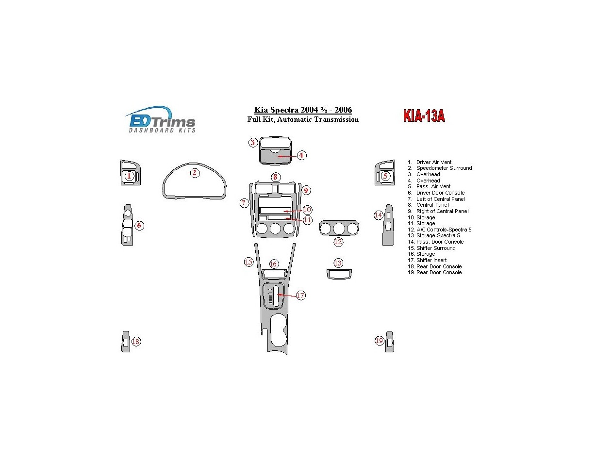 Kia Spectra 2004-2006 Full Set, Automatic Gear Interior BD Dash Trim Kit