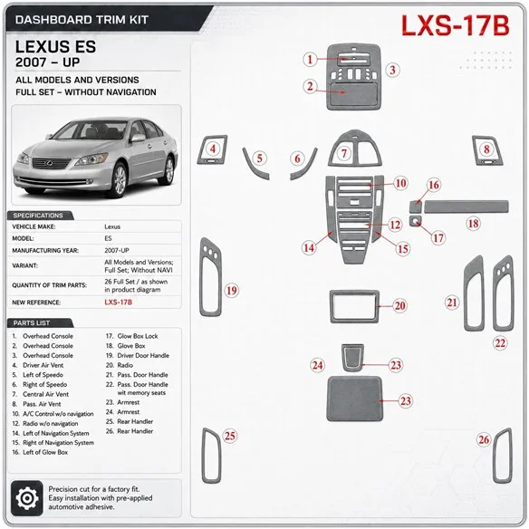 Lexus ES 2007-Actualidad juego completo, sin navegador kit de molduras interiores para salpicadero