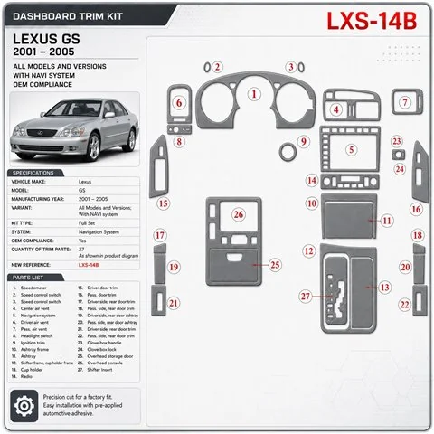 Lexus GS 2001-2005 avec navigation system, conformité OEM kit décoration intérieure tableau de bord