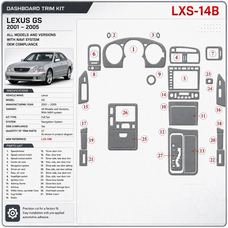 Lexus GS 2001-2005 With NAVI system, OEM Compliance Interior Dashboard Trim Kit Dash Trim Dekor