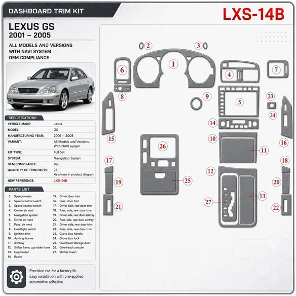 Lexus GS 2001-2005 3D Cockpit Dekor Interieurleisten Set As shown in product diagram-teilig