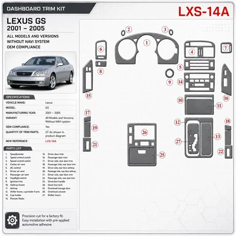 Lexus GS 2001-2005 sin navegador system, compatibilidad OEM kit de molduras interiores para salpicadero