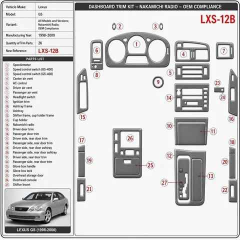Lexus GS 1998-2000 Nakamichi Radio, OEM Compliance, 26 delen set interieur dashboard decoratieset dashboard decor