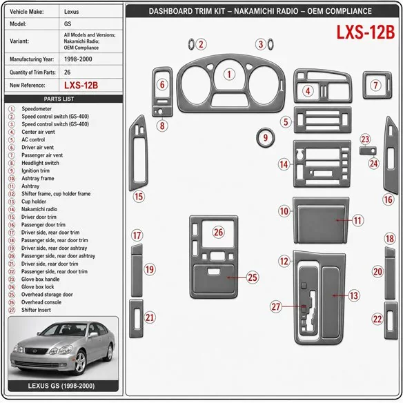 Lexus GS 1998-2000 Nakamichi Radio, OEM Compliance, 26 delen set interieur dashboard decoratieset dashboard decor