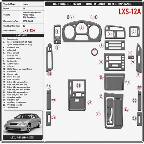 Lexus GS 1998-2000 Pioneer Radio, conformité OEM,26 pièces kit décoration intérieure tableau de bord