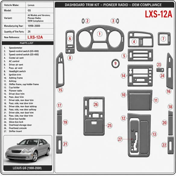 Lexus GS 1998-2000 Pioneer Radio, compatibilidad OEM,26 piezas set kit de molduras interiores para salpicadero
