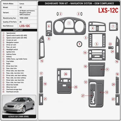 Lexus GS 1998-2000 Navigation system, OEM Compliance, 26 Parts set Interior Dashboard Trim Kit Dash Trim Dekor