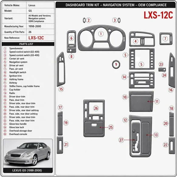 Lexus GS 1998-2000 Navigation system, OEM Compliance, 26 delen set interieur dashboard decoratieset dashboard decor