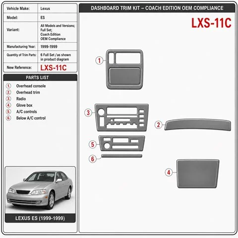Lexus ES 1999-1999 Full Set, Coach Edition OEM Compliance Interior Dashboard Trim Kit Dash Trim Dekor