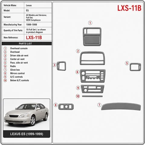 Lexus ES 1999-1999 Full Set, OEM Compliance Interior Dashboard Trim Kit Dash Trim Dekor