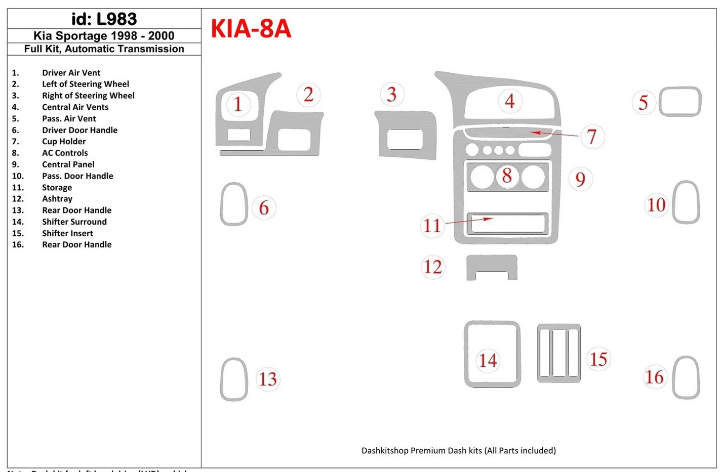 Kia Sportage 1998-2000 Full Set, Automatic Gear Interior BD Dash Trim Kit