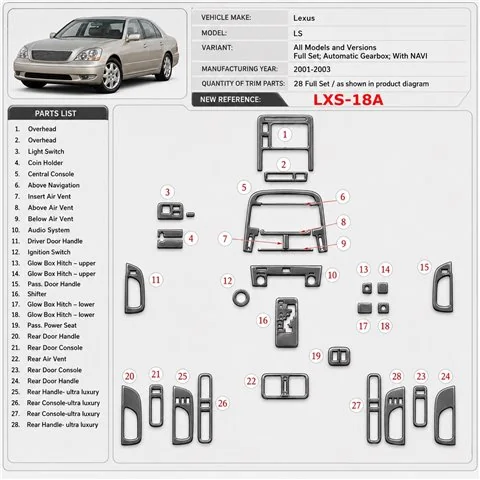 Lexus LS 2001-2003 juego completo, Automatic Gear, con navegador kit de molduras interiores para salpicadero