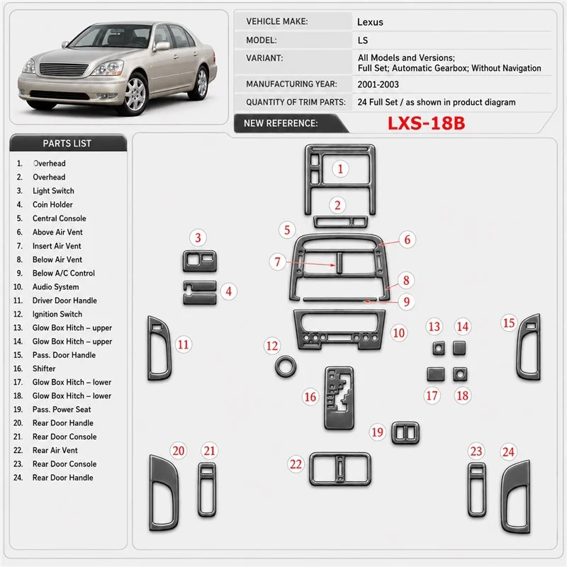 Lexus LS 2001-2003 juego completo, Automatic Gear, Without Navigation kit de molduras interiores para salpicadero