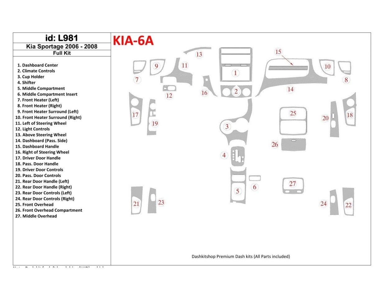 Kia Sportage 2006-2008 Full Set BD Interieur Dashboard Bekleding Volhouder