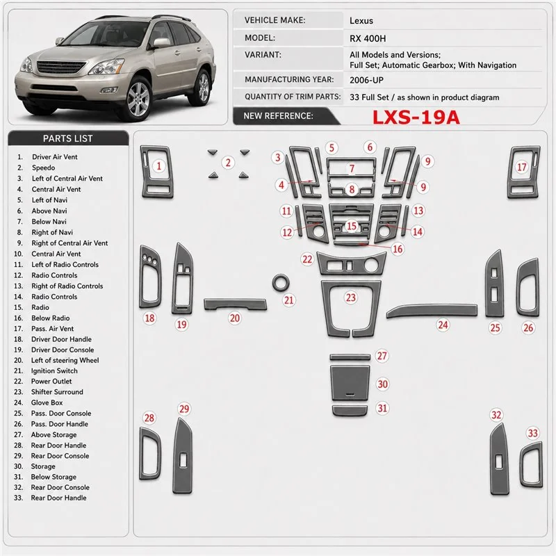Lexus RX 400H 2006-heden Full Set, Automatic Gear, With Navigation interieur dashboard decoratieset dashboard decor