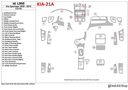 KIA Sportage 2009-2010 Full Set BD Interieur Dashboard Bekleding Volhouder