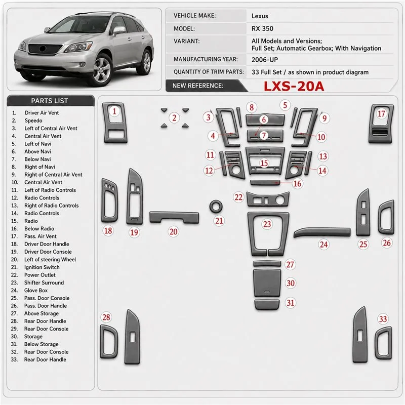 Lexus RX 350 2006-heden Full Set, Automatic Gear, With Navigation interieur dashboard decoratieset dashboard decor
