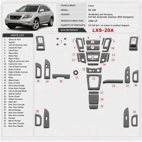 Lexus RX 350 2006-UP Full Set, Automatic Gear, With Navigation Interior Dashboard Trim Kit Dash Trim Dekor