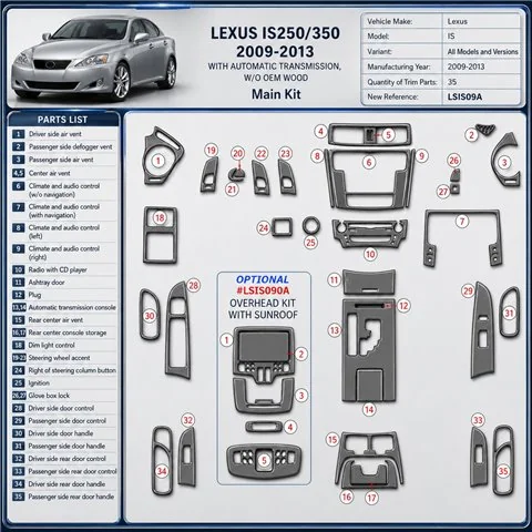 Lexus IS 2009-2013 3D kit décoration intérieure tableau de bord 35 pièces