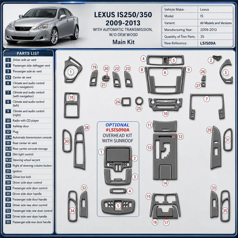 Lexus IS 2009-2013 kit 3D de molduras interiores para salpicadero 35 piezas