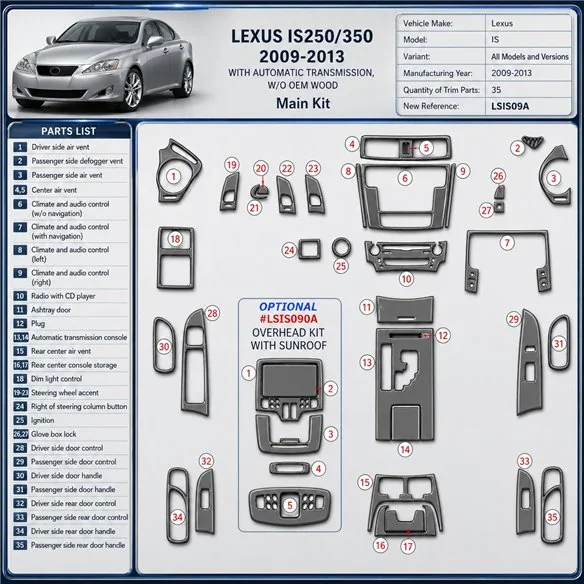 Lexus IS 2009-2013 3D Cockpit Dekor Interieurleisten Set 35-teilig