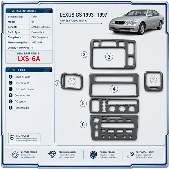 Lexus GS 1993-1997 Pioneer Radio, OEM Compliance, 6 delen set interieur dashboard decoratieset dashboard decor