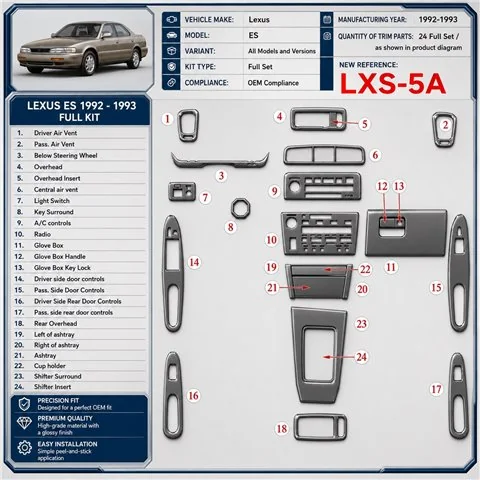 Lexus ES 1992-1993 Full Set, OEM Compliance Interior Dashboard Trim Kit Dash Trim Dekor