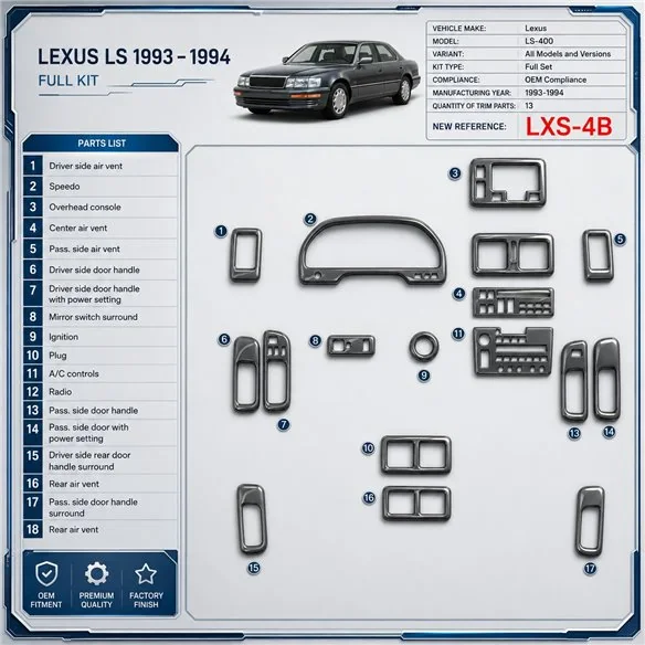 Lexus LS-400 1993-1994 Full Set, OEM Compliance, 13 Parts set Interior Dashboard Trim Kit Dash Trim Dekor