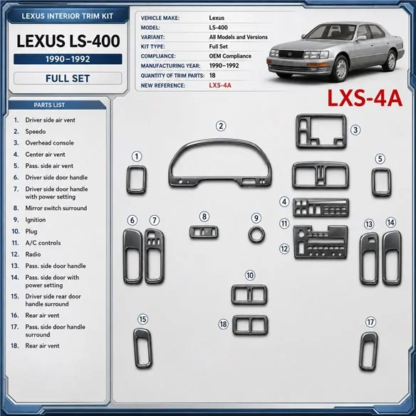 Lexus LS-400 1990-1992 juego completo, compatibilidad OEM, 18 piezas set kit de molduras interiores para salpicadero