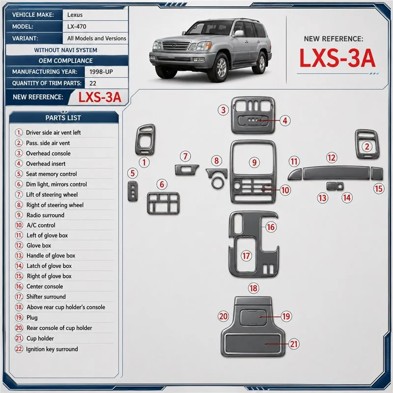 Lexus LX-470 1998-Actualidad sin navegador system, 22 piezas set compatibilidad OEM kit de molduras interiores para salpicadero