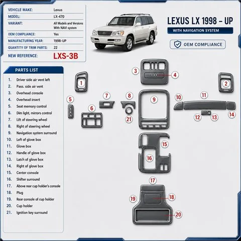 Lexus LX-470 1998-Actualidad con navegador system, 22 piezas set compatibilidad OEM kit de molduras interiores para salpicadero