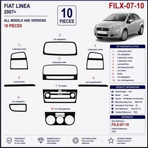 Fiat Linea 2007+ 3D Armaturenbrett-Dekor-Set, 10 Teile 2