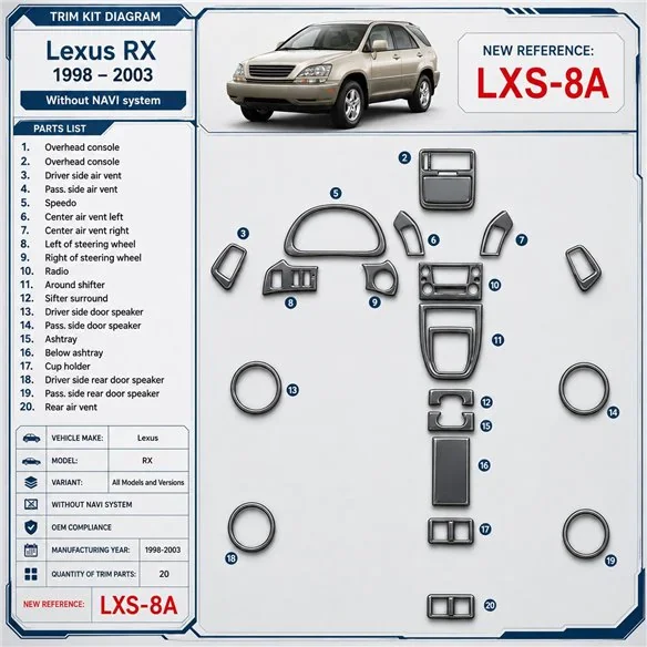 Lexus RX 1998-2003 sin navegador system, compatibilidad OEM, 20 piezas set kit de molduras interiores para salpicadero