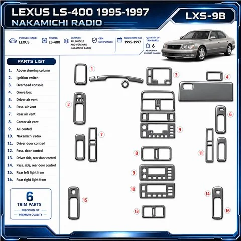 Lexus LS-400 1995-1997 Nakamichi Radio, OEM Compliance, 6 delen set interieur dashboard decoratieset dashboard decor