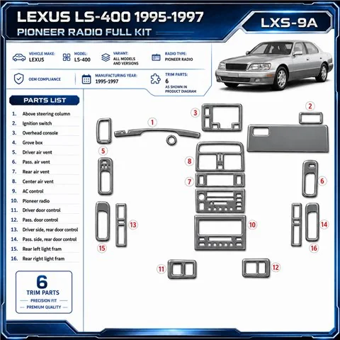 Lexus LS-400 1995-1997 Pioneer Radio, OEM Compliance, 6 delen set interieur dashboard decoratieset dashboard decor