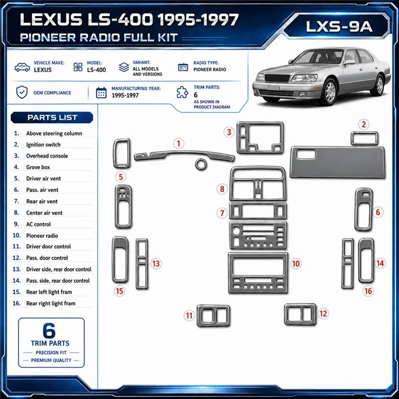 Lexus LS-400 1995-1997 Pioneer Radio, OEM Compliance, 6 delen set interieur dashboard decoratieset dashboard decor