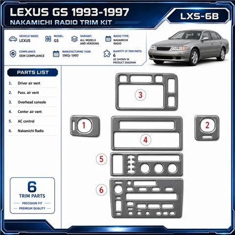 Lexus GS 1993-1997 Nakamichi Radio, OEM Compliance, 6 delen set interieur dashboard decoratieset dashboard decor
