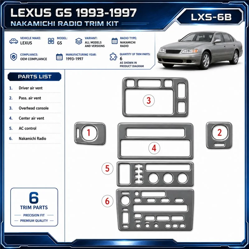 Lexus GS 1993-1997 Nakamichi Radio, OEM Compliance, 6 Parts set Interior Dashboard Trim Kit Dash Trim Dekor