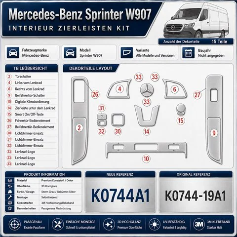 Mercedes Sprinter W907 Interior Dashboard Trim Kit Dash Trim Dekor 15 Parts