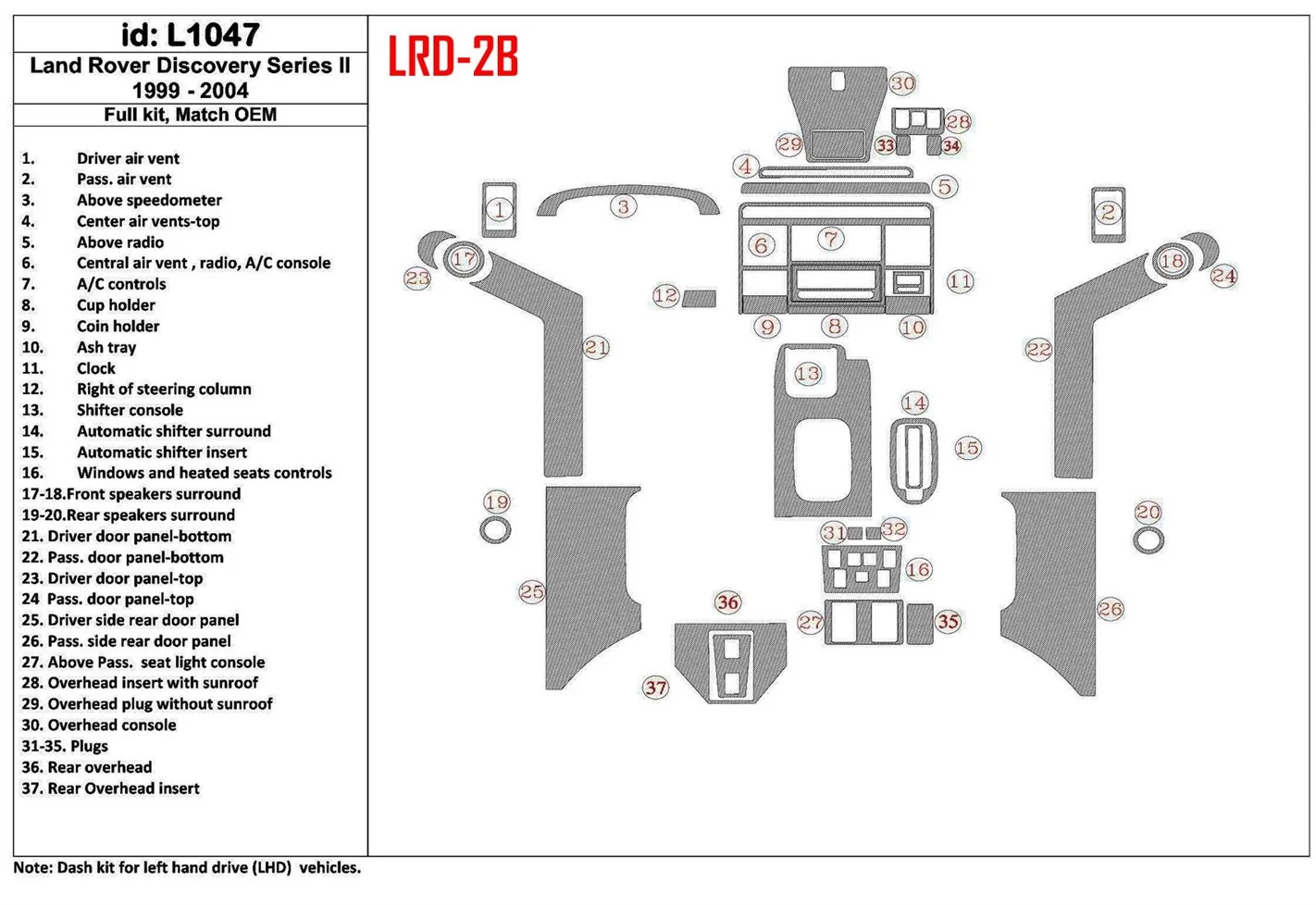 Land Rover Discovery 1999-2004 Full Set, OEM Compliance Interior BD Dash Trim Kit