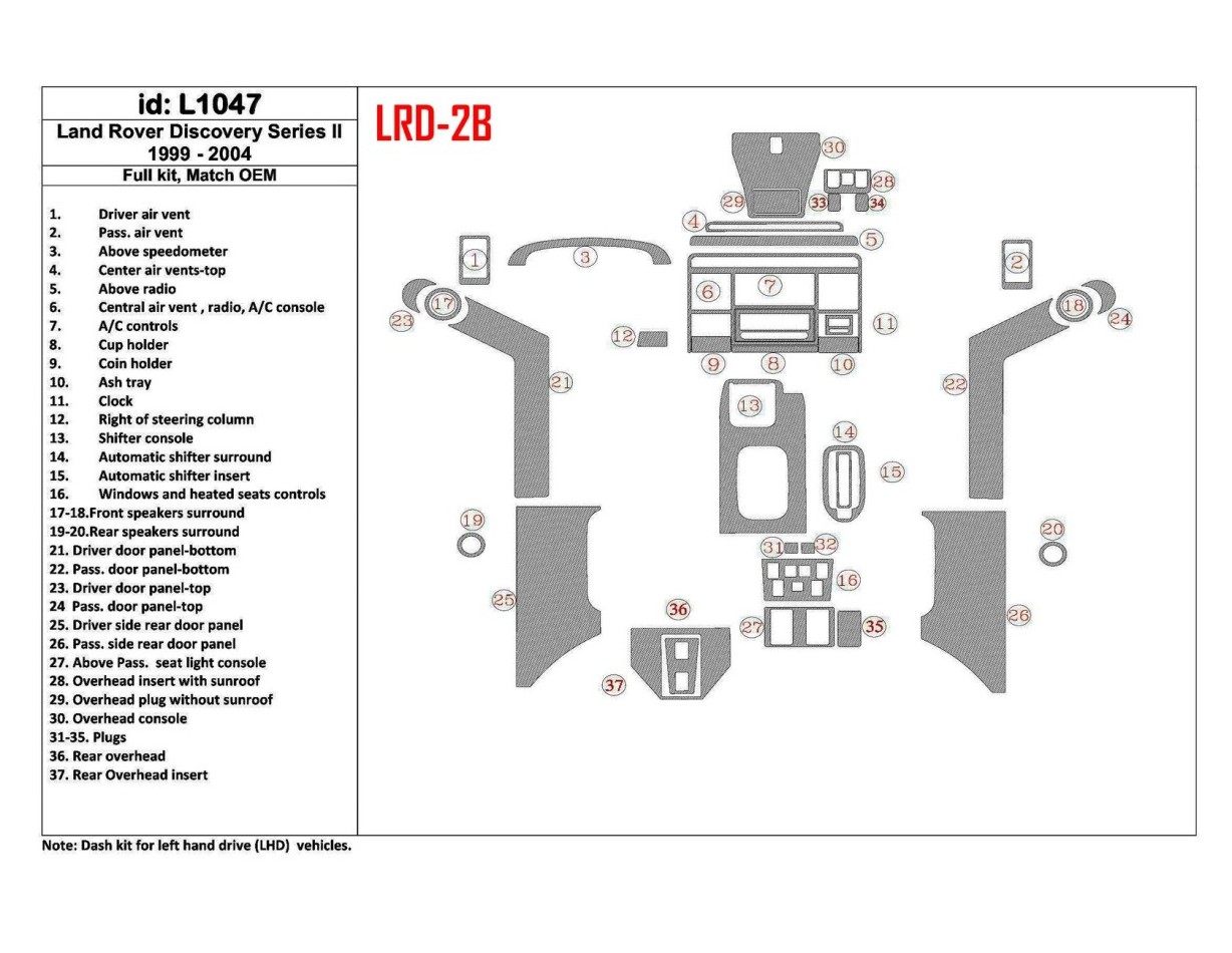 Land Rover Discovery 1999-2004 Voll Satz, OEM Compliance BD innenausstattung armaturendekor cockpit dekor - 1- Cockpit Dekor Inn