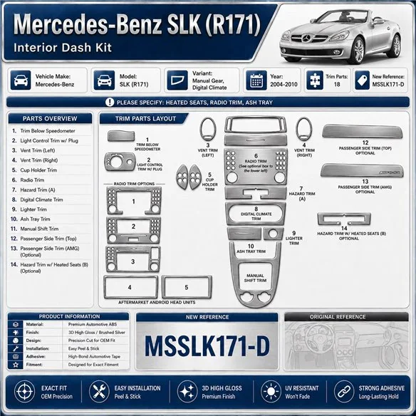 Mercedes SLK (R171) 2004-2010 kit 3D de molduras interiores para salpicadero 18 piezas