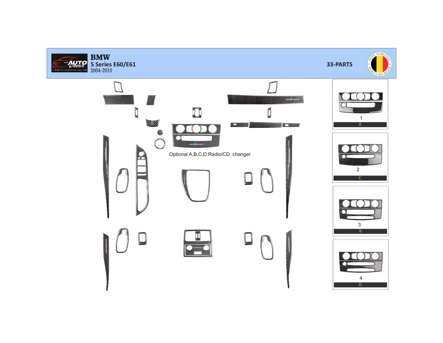 BMW 5 Series E60/E61 2004–2010 3D Inleg dashboard Interieurset aansluitend en pasgemaakt op he 33-Teile