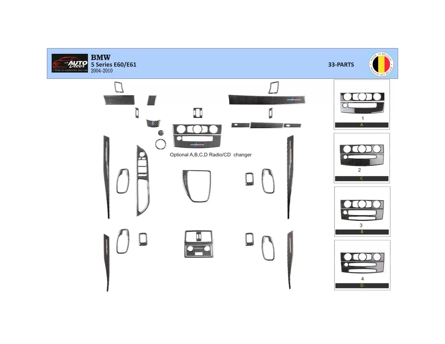 BMW 5 Series E60/E61 2004–2010 3D Interior Dashboard Trim Kit Dash Trim Dekor 33-Parts