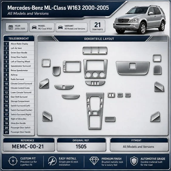 Mercedes ML-Class W163 2000-Actualidad kit 3D de molduras interiores para salpicadero 21 piezas