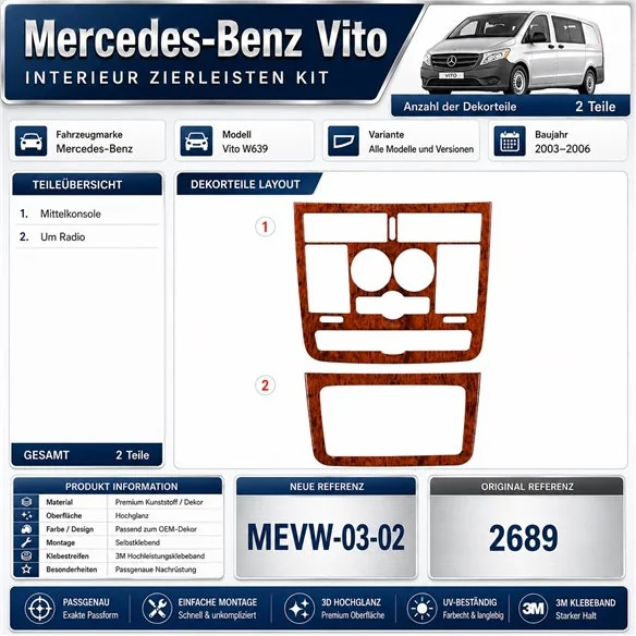 Mercedes Vito W639 2003-2006 kit 3D de molduras interiores para salpicadero 2 piezas