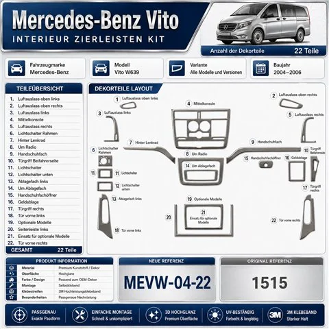 Mercedes Vito W639 2004-2006 3D kit décoration intérieure tableau de bord 22 pièces